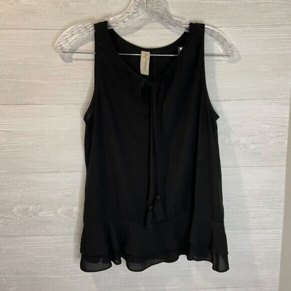 Allison Joy Women's Black Sleeveless Tie‎ Neck Ruffle Hem Blouse - Picture 3 of 6